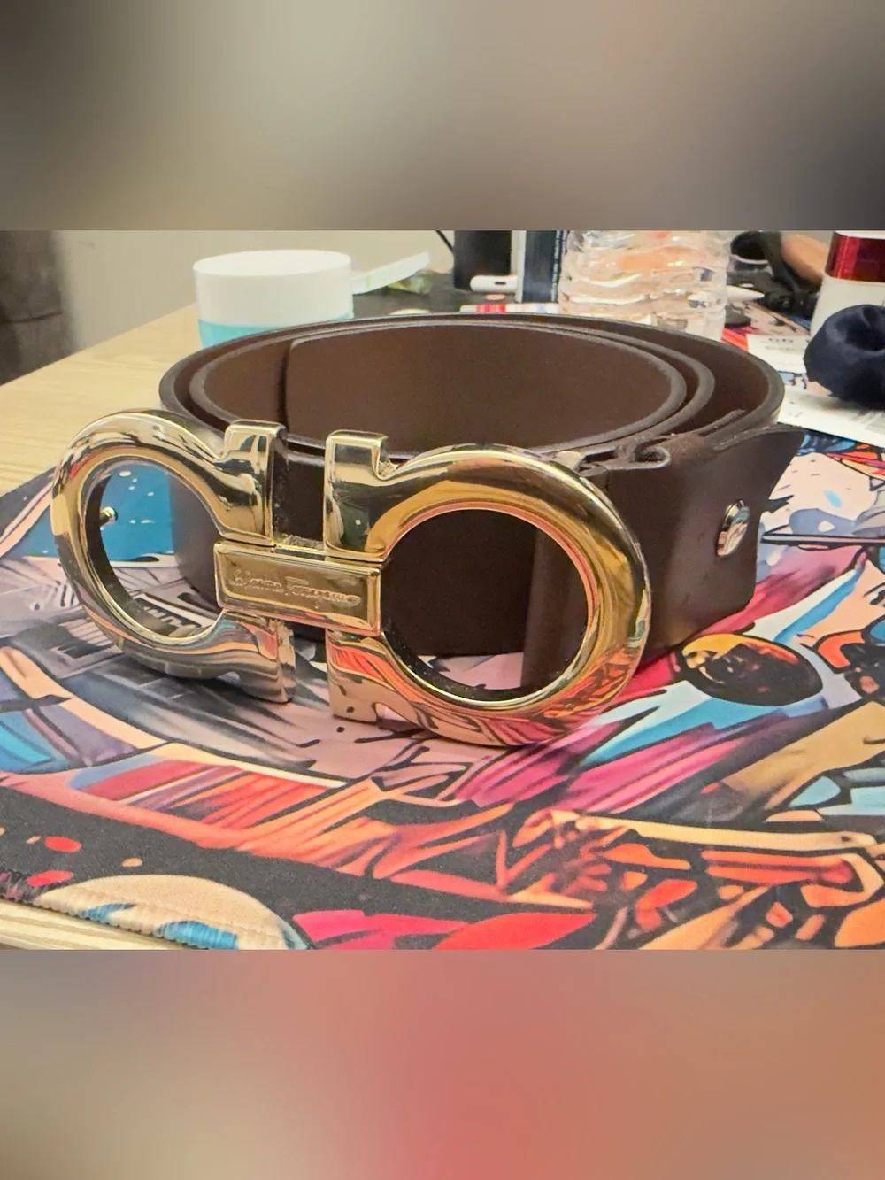 Salvatore Ferragamo Brown Leather Belt with Gold Gancini Buckle
